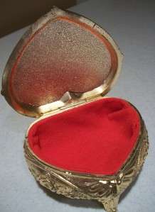 Vintage Goldtone Footed Metal Heart w/Child Trinket Box  