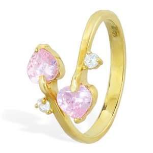  10K solid gold spiral toe ring with pink hearts and clear 