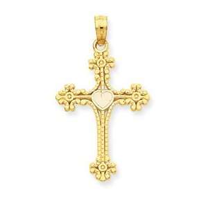  14K Beaded Tip Cross with Heart Center Pendant Jewelry