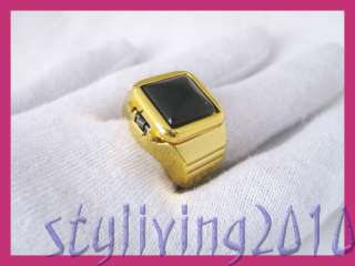Square Gold Gem Stone Men Lady Finger Ring Quartz Watch  