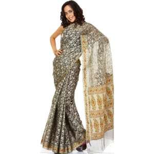   Banarasi Sari with All Over Jaal Weave and Floral Border   Kora Cotton