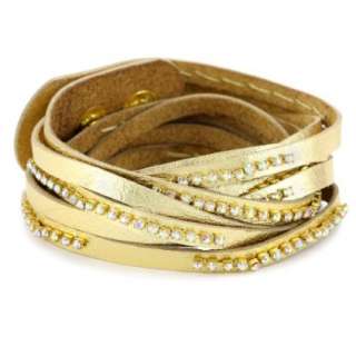 Presh Crystal Rhinestone and Gold Leather Strip Wrap Bracelet 