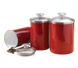   Covered Porcelain Canister Kitchen Tool Storage Set Red NEW  