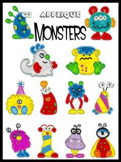 MONSTERS Machine Applique Embroidery 12 Designs 2 sizes  