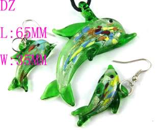 g4225 Lovely Green Dolphin Murano Glass Pendant Necklace Earrings Set 