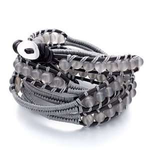   Bracelets Classic Gray Agate Beads Wrap Bracelet On Black Leather Chip