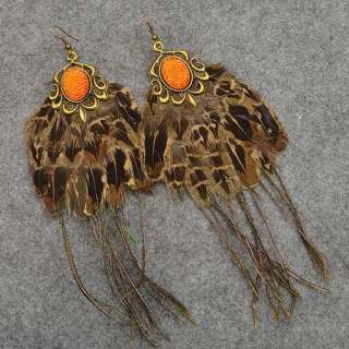 Huge Vintage Peacock Nature Feather Gemstone Stunning Dangle Earrings 