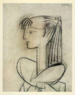 1964 Print Pablo Picasso Sketch Profile Girl Ponytail  