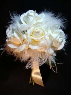 Real Touch White Rose and Ostrich Feather Bridal Bouquet  