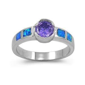  Sterling Silver Ring in Lab Opal   Blue Opal, Purple CZ   Ring 