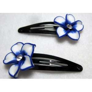  NEW White and Blue Fimo Clay Plumeria Snap Clips   Pair 