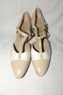   Ferragamo Ivory & Taupe Leather T Strap Heels Womens 8.5 AA  