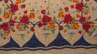 Vintage tablecloth.Red/yellow roses.Blue hearts. Cobolt blue wavy 