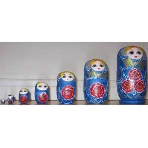  7 RUSSIAN WOOD HAND MADE BLUE DOLLS MATRYOSHKA BABUSHKA 