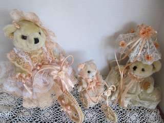 Set of 3 Frilly Teddy Bears Decorated in Peach Ribbon & Lace on 