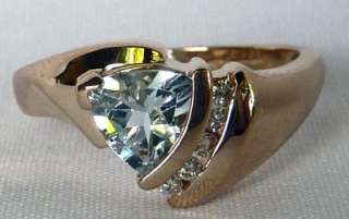   YELLOW GOLD MODERNISTIC TRILLION AQUAMARINE+DIAMOND RING~SIZE 7  