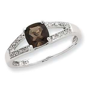   Rhodium Cushion cut Smokey Quartz & Diamond Ring Size 8 Jewelry