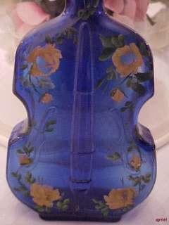 Cobalt Blue Violin Vase Floral handpainted Roses  