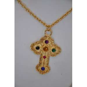  Gold Plated Ethnic Cross w/Swarovski Crystals Jewelry