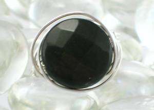 Green Goldstone Silver Wire Wrap Bead Ring  