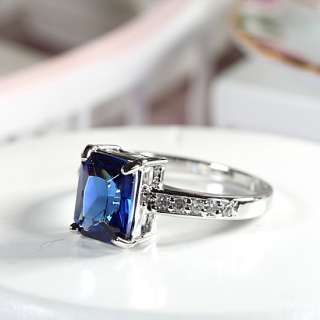   Fashion Jewelry BLUE SAPPHIRE WHITE GOLD GP COCKTAIL GEM RING SIZE 7/O