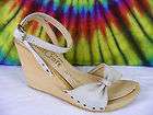 sz 6 vtg 70s tan fabric QUALI CRAFT wooden wedge ankle 